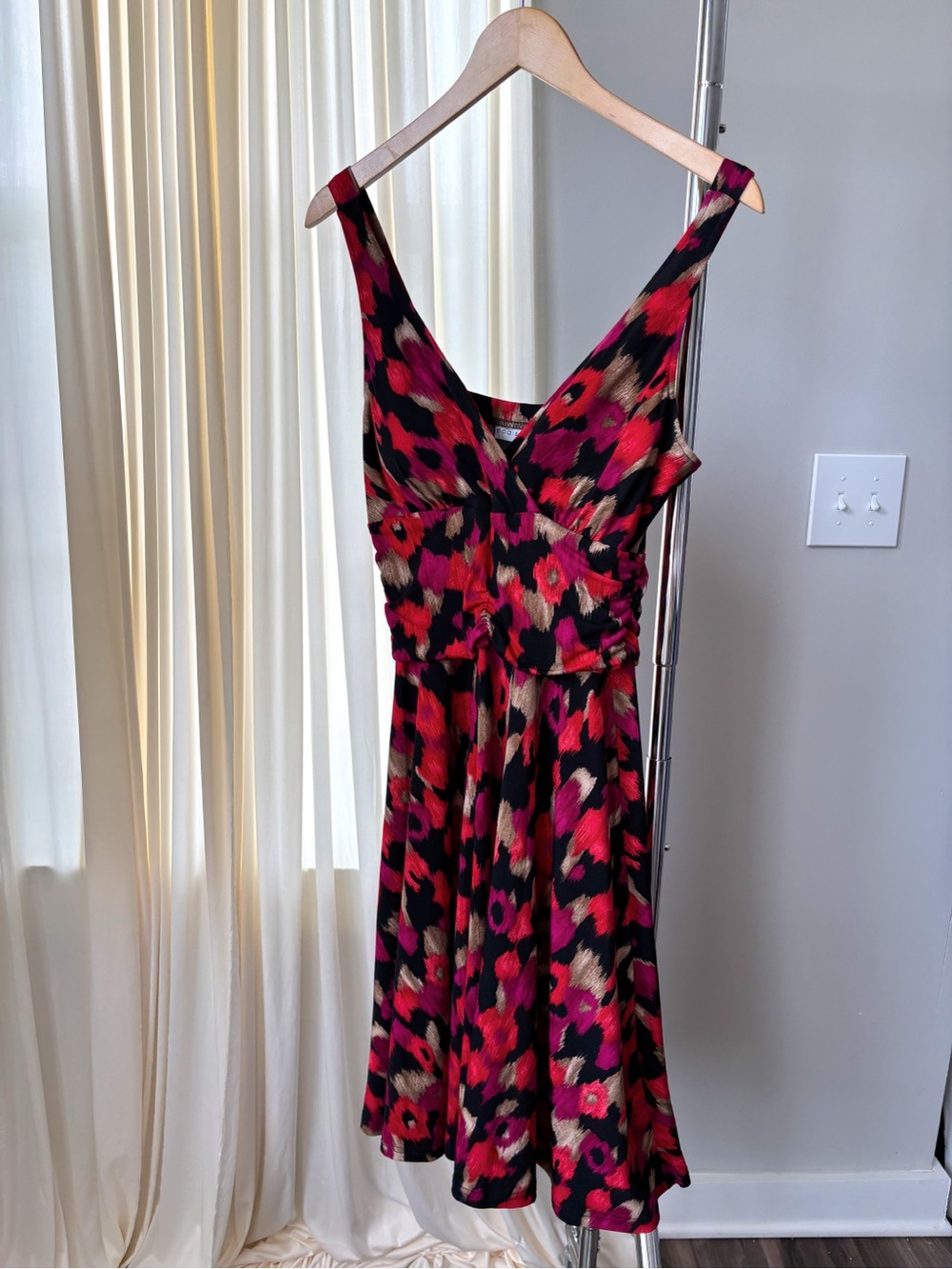 2000s‎ Vintage Madison Leigh Summer Red Abstract Print Y2K Slinky Dress Petite 8